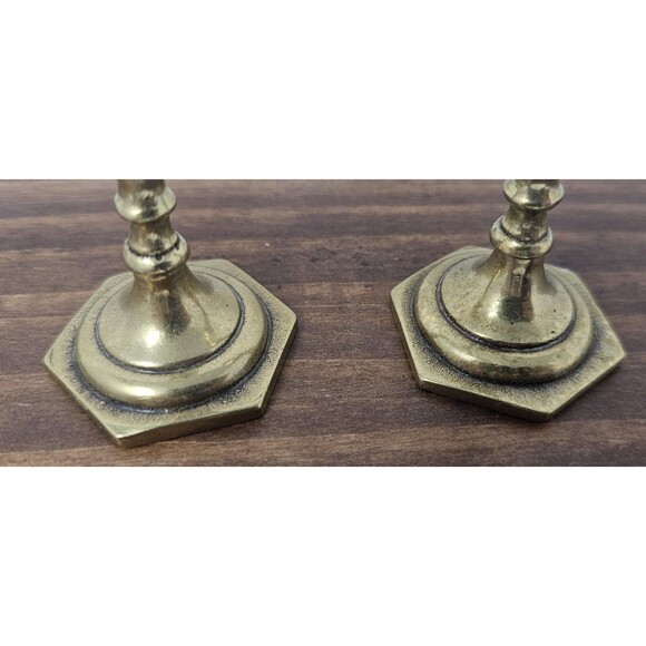 Vtg Pair Brass Candlestick Baluster Form Faceted Screw Hexagonal Base 3.5" - Picture 2 of 12